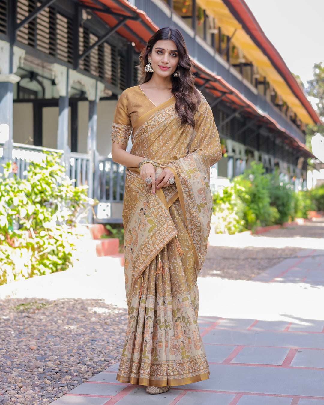 Mustard Brown Pure Handloom Cotton Saree with Village Life Digital Print & Contrast Pallu