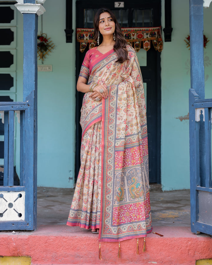 Ivory Pink Handloom Cotton Saree with Floral Print & Traditional Peacock Arch Pallu