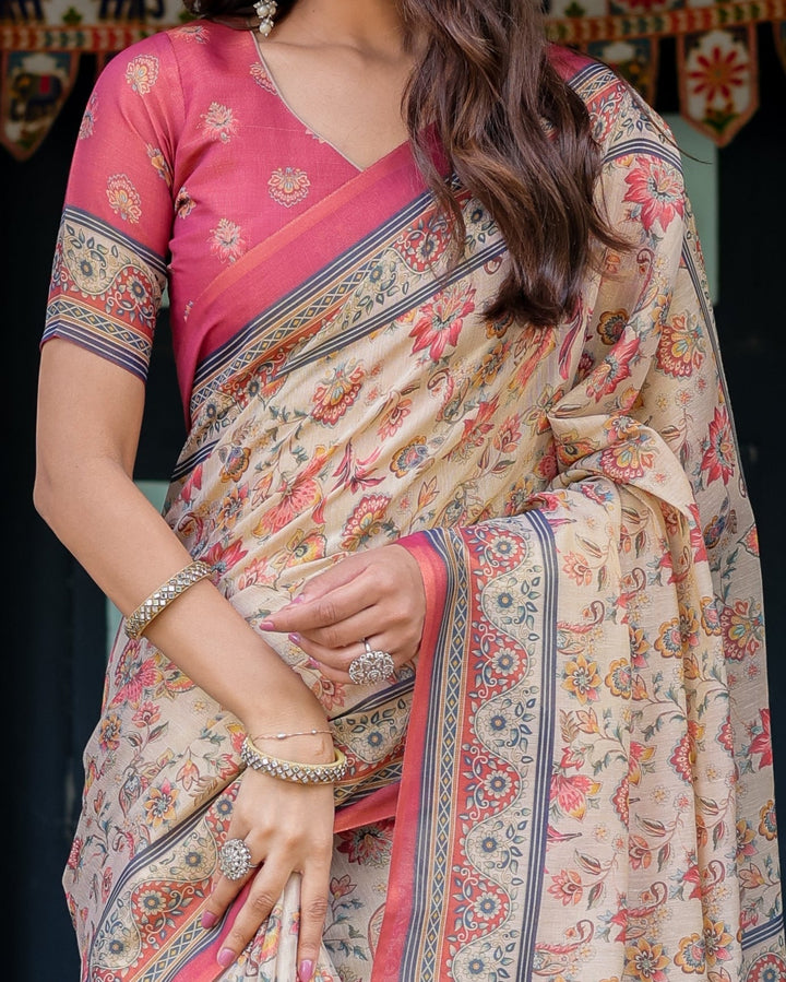Ivory Pink Handloom Cotton Saree with Floral Print & Traditional Peacock Arch Pallu