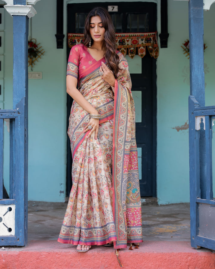 Ivory Pink Handloom Cotton Saree with Floral Print & Traditional Peacock Arch Pallu