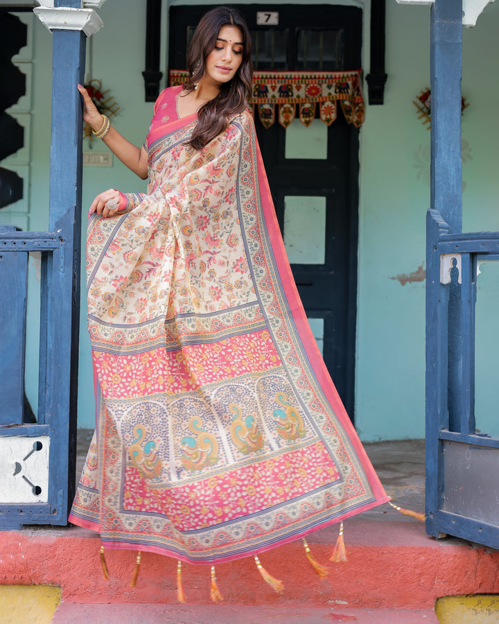 Ivory Pink Handloom Cotton Saree with Floral Print & Traditional Peacock Arch Pallu