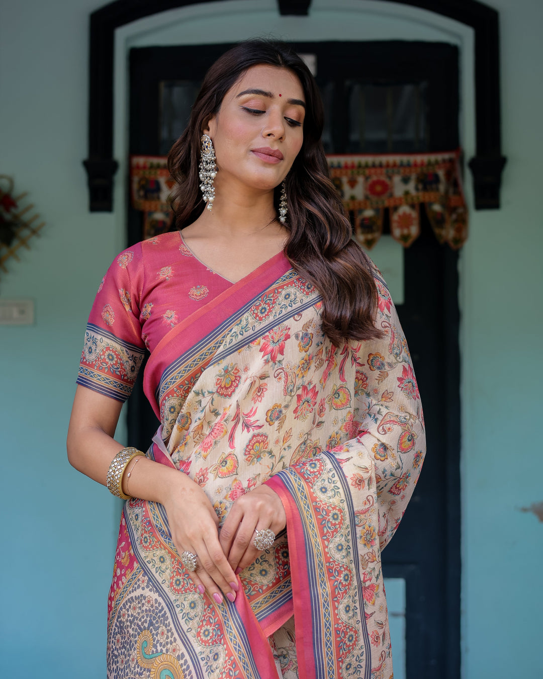 Ivory Pink Handloom Cotton Saree with Floral Print & Traditional Peacock Arch Pallu