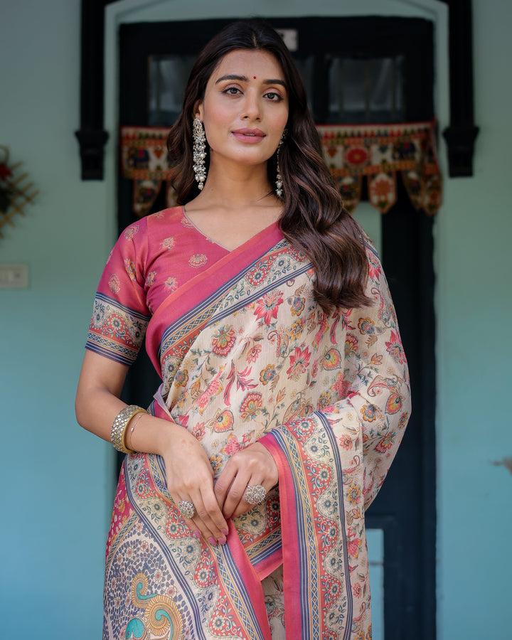 Ivory Pink Handloom Cotton Saree with Floral Print & Traditional Peacock Arch Pallu