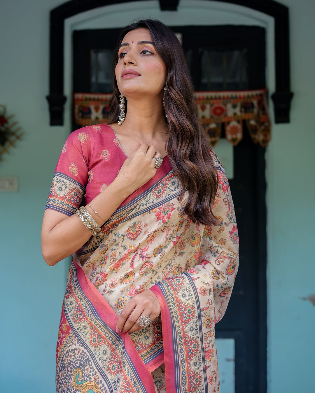 Ivory Pink Handloom Cotton Saree with Floral Print & Traditional Peacock Arch Pallu