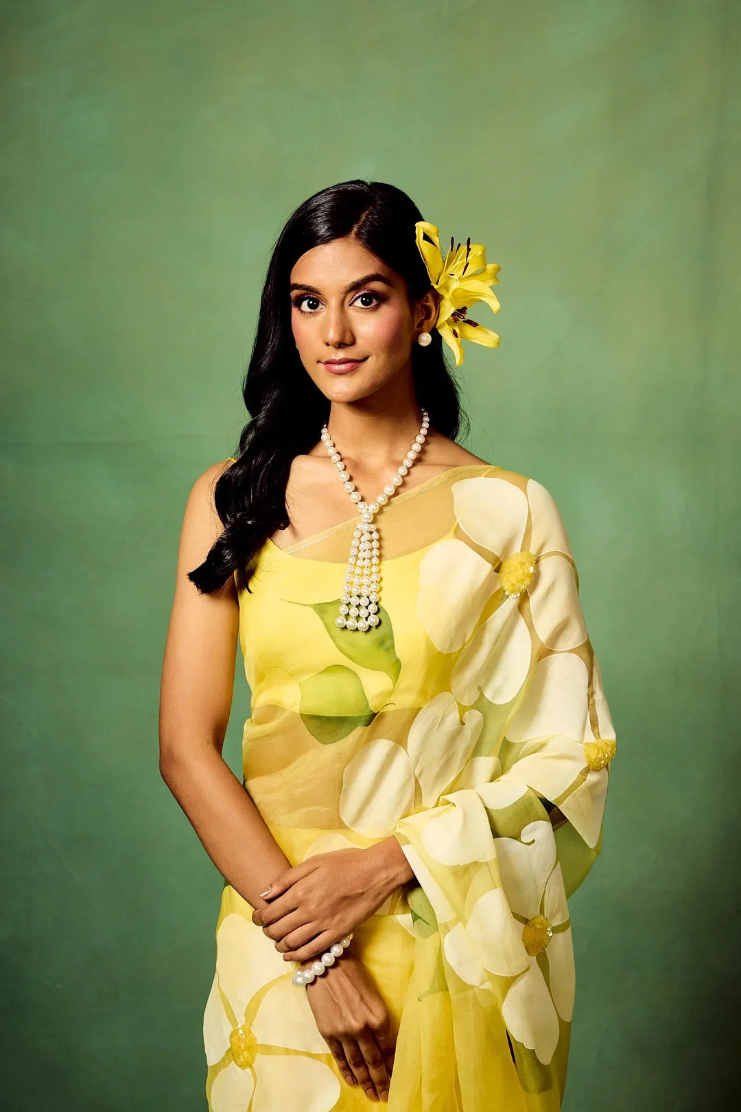 Bright Yellow Pure Organza Saree with Oversized Hand-Painted White Flowers & Sequin Detailing | Satin Blouse Included