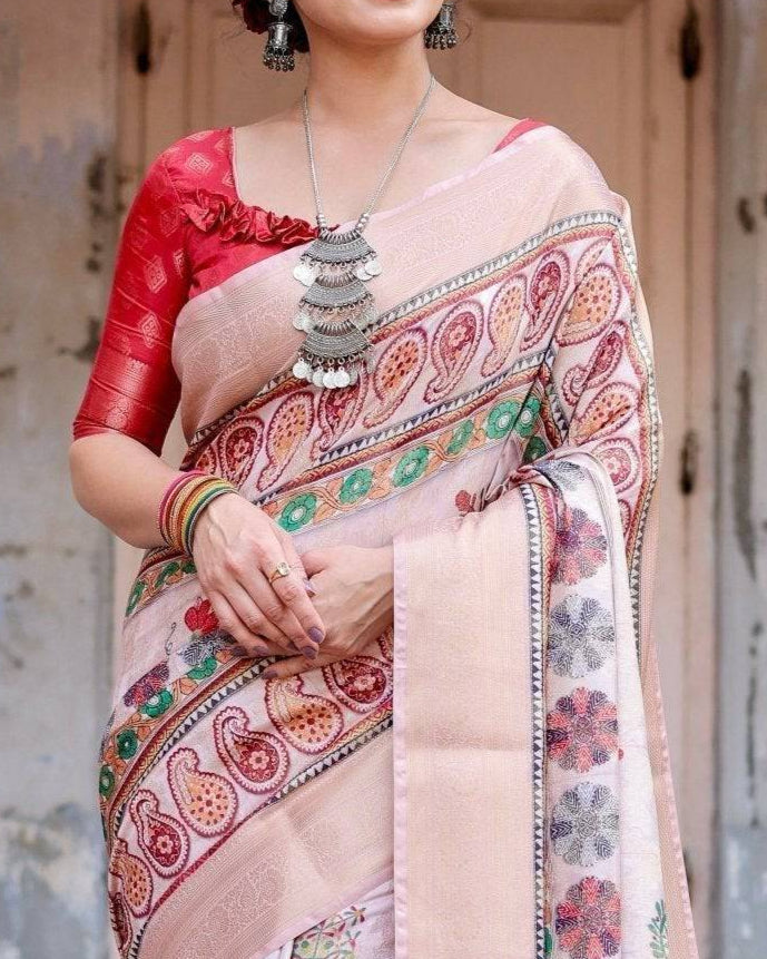 Peach Banarasi Silk Saree with Intricate Paisley and Floral Design RICH VARSHA H 1141-53
