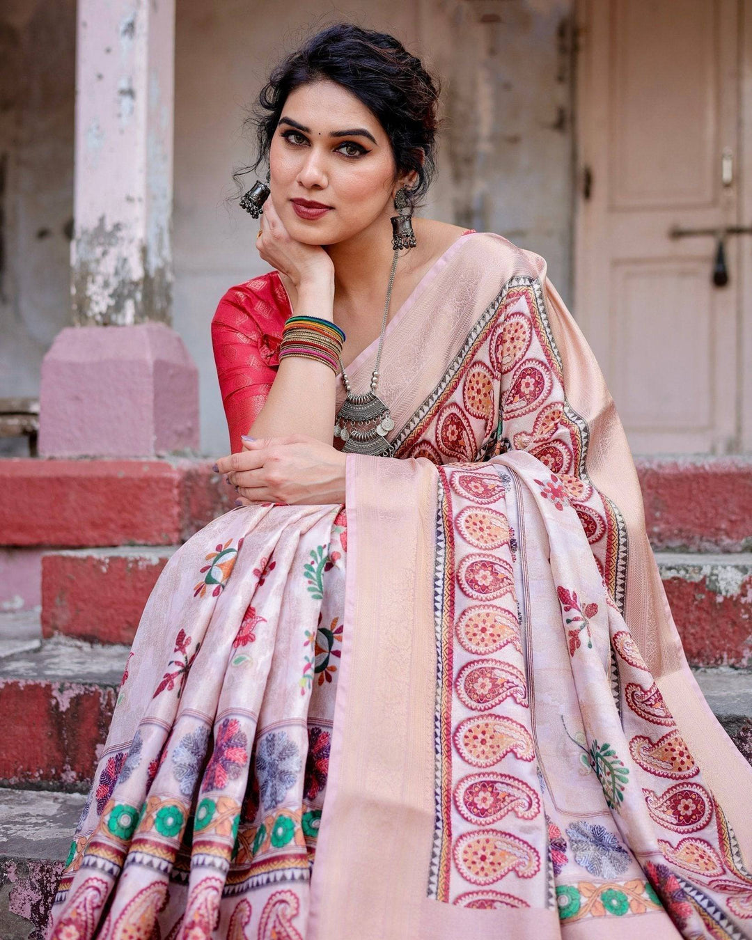 Peach Banarasi Silk Saree with Intricate Paisley and Floral Design RICH VARSHA H 1141-53