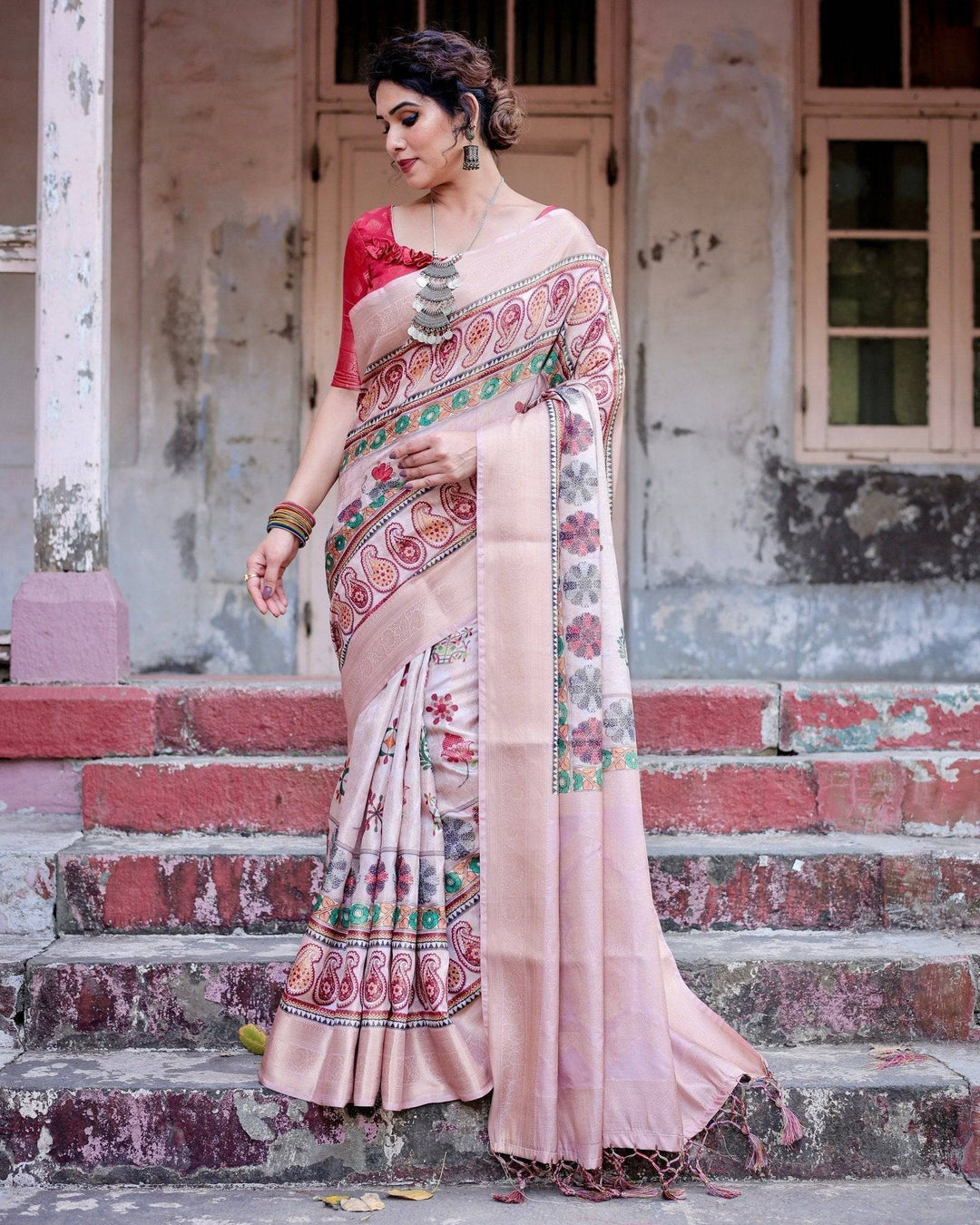 Peach Banarasi Silk Saree with Intricate Paisley and Floral Design RICH VARSHA H 1141-53