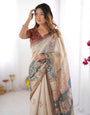 Beige Handloom Cotton Saree with Maroon Blouse and Multicolor Royal Procession Pallu