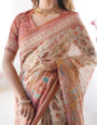 Ivory Handloom Cotton Saree with Maroon Borders, Floral Print & Royal Procession Pallu