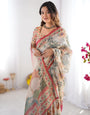 Beige & Red Handloom Linen Cotton Saree with Camel Caravan & Palace Artwork