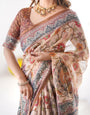Handloom Linen Cotton Printed Saree with Traditional Mithila Art Pallu – Earthy Beige & Maroon