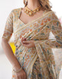 Handloom Linen Cotton Printed Saree with Mythical Animal Art Pallu – Soft Cream with Terracotta & Teal Accents