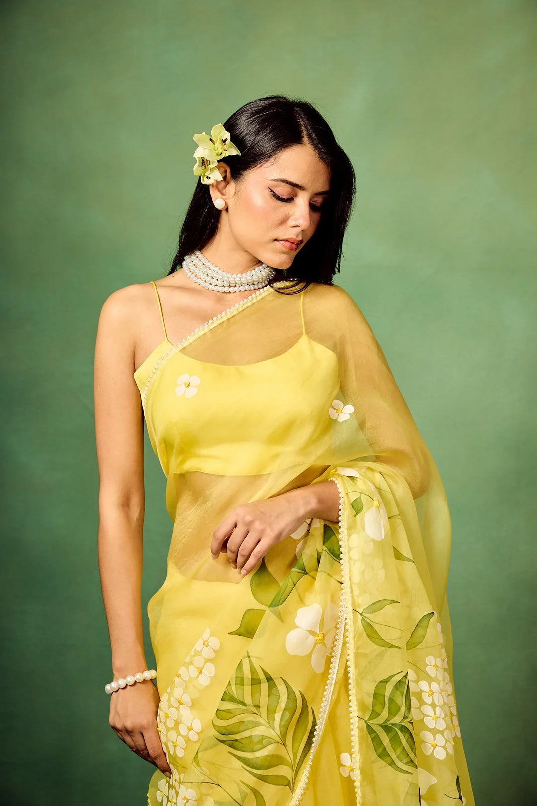 Sky Blue Hand-Painted Pure Organza Saree with White Dogwood Floral Motifs & Modal Satin Blouse