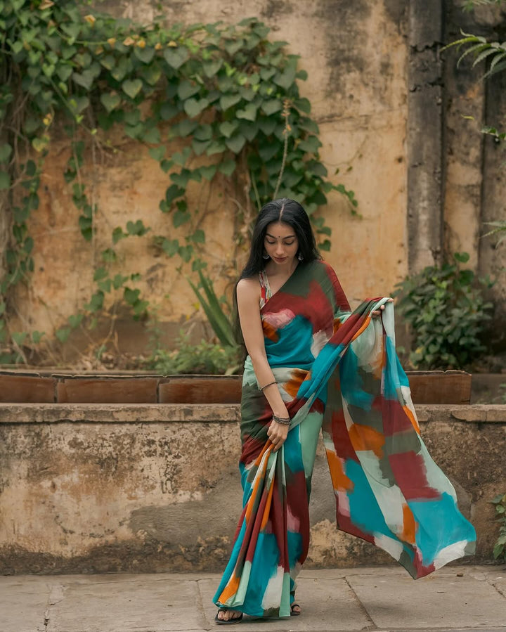 Boho Abstract Multicolor Georgette Saree with Artistic Brushstroke Print & Blouse Fabric