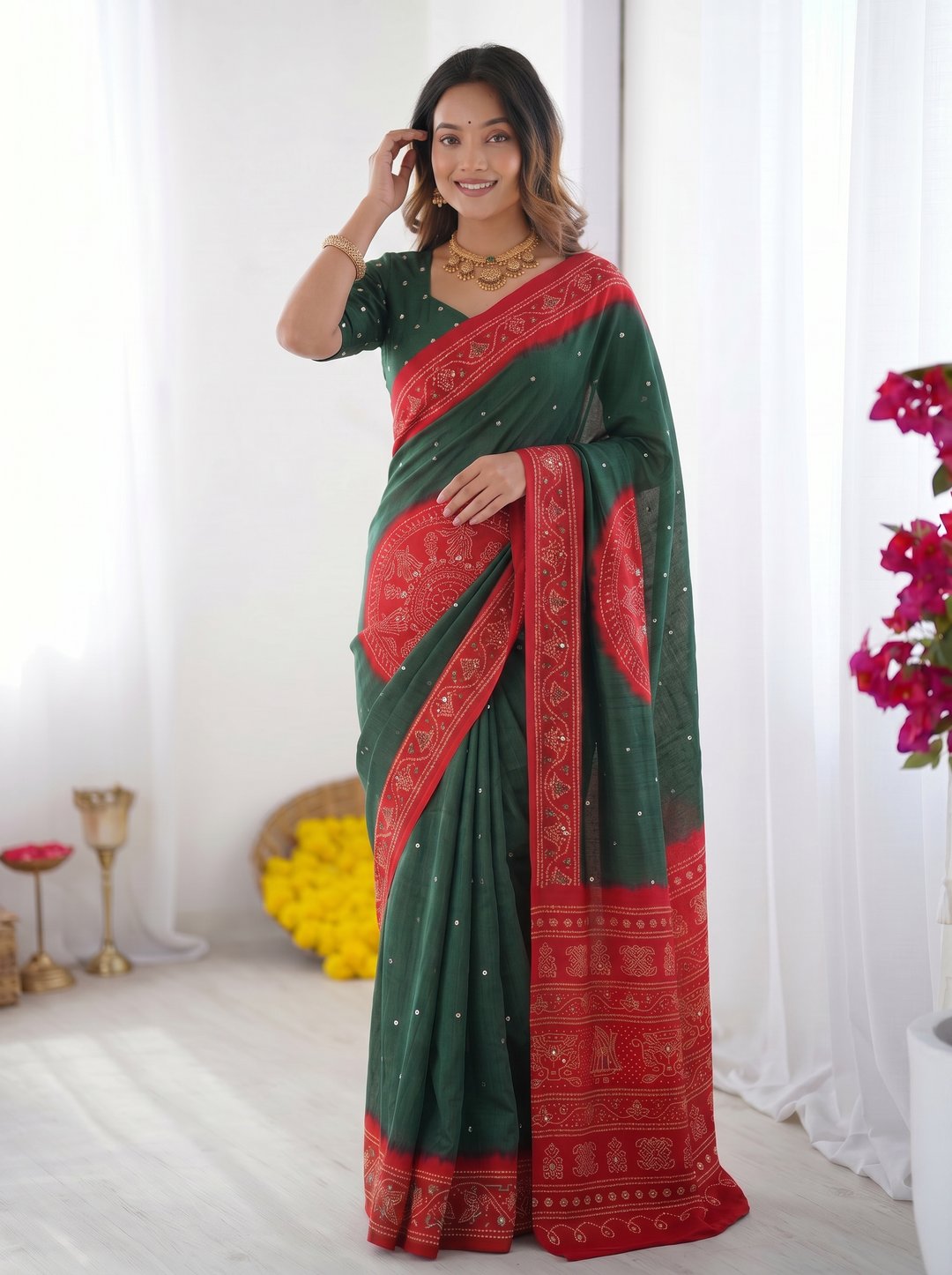 Bottle Green & Ruby Red Bandhani Inspired Cotton Silk Saree with Traditional Folk Print Border & Designer Pallu