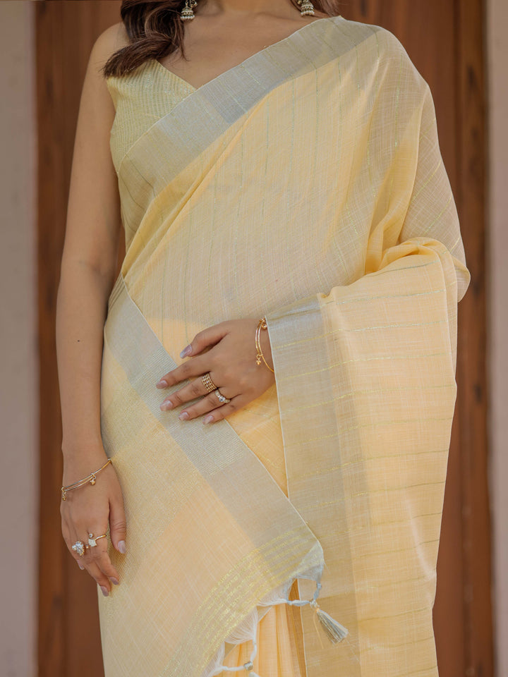 Butter Yellow Pure Handloom Cotton Saree with Golden Striped Weaving & Tassel Detailing