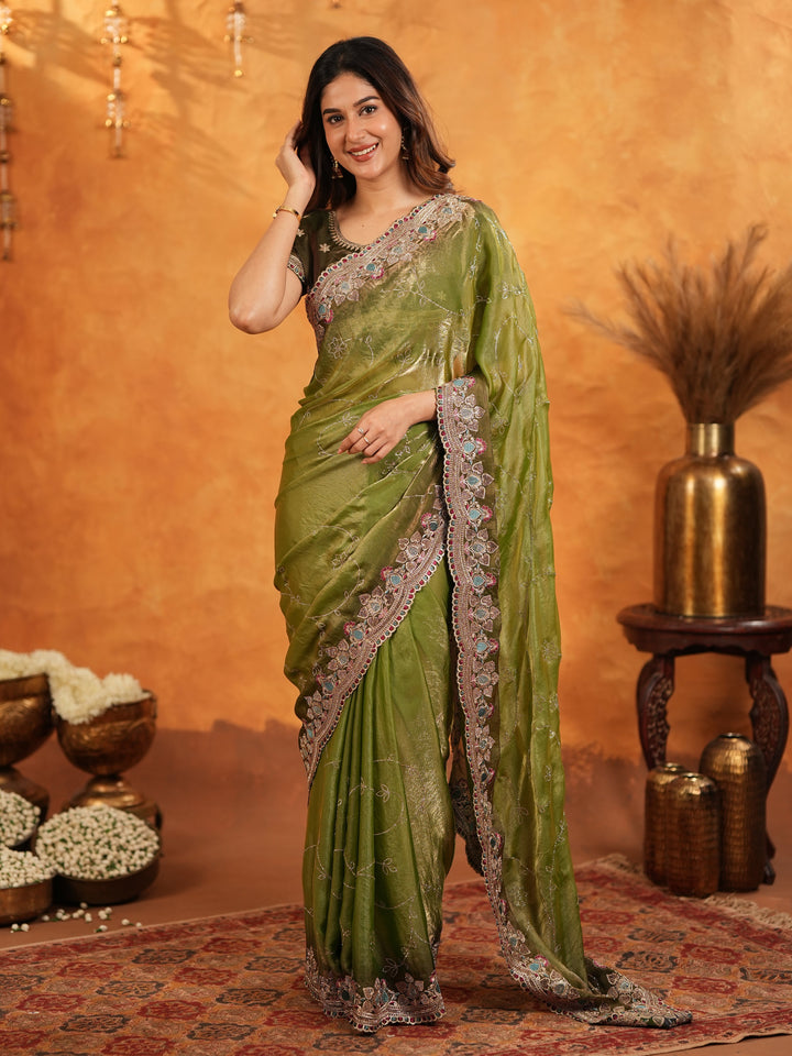 Olive Green Fendy Satin Embroidered Saree with Multicolor Floral Border & Tassels | Designer Festive Wear Saree with Heavy Embroidered Blouse