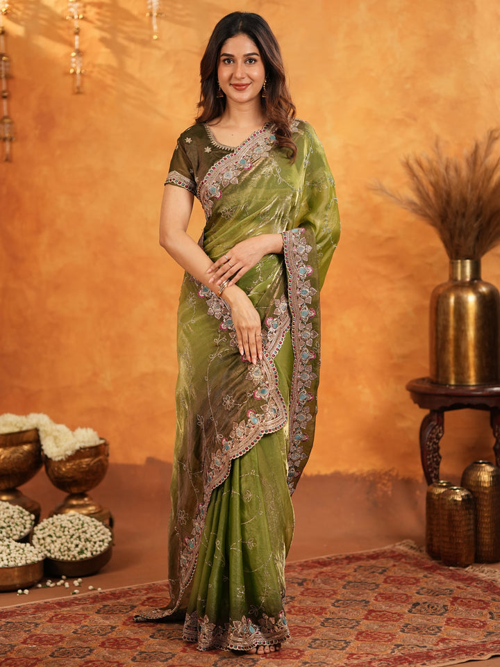 Olive Green Fendy Satin Embroidered Saree with Multicolor Floral Border & Tassels | Designer Festive Wear Saree with Heavy Embroidered Blouse