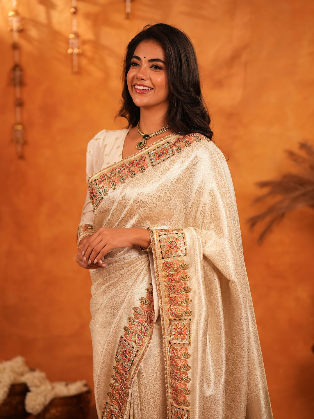 Ivory Cream Banarasi Silk Saree with Elegant Zari Weaving & Ornamental Embroidered Border | Classic Wedding & Festive Wear Saree with Blouse