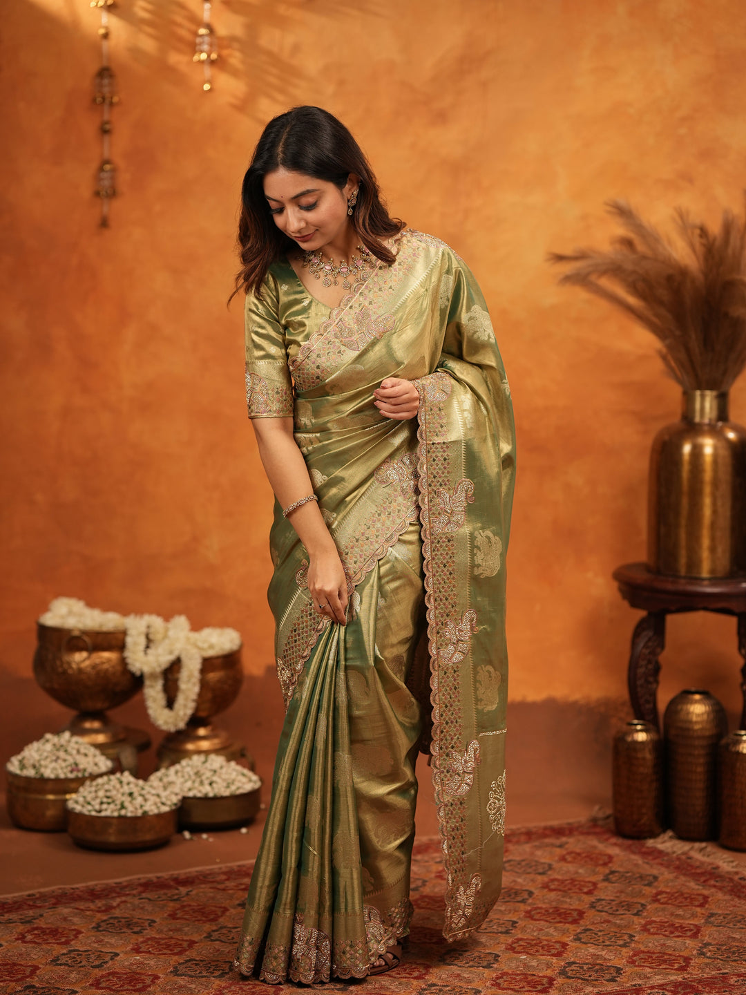 Olive Green Tissue Silk Embroidered Saree with Zari Motifs & Designer Border | Heavy Embroidered Blouse with Tassels | Wedding & Festive Wear Saree