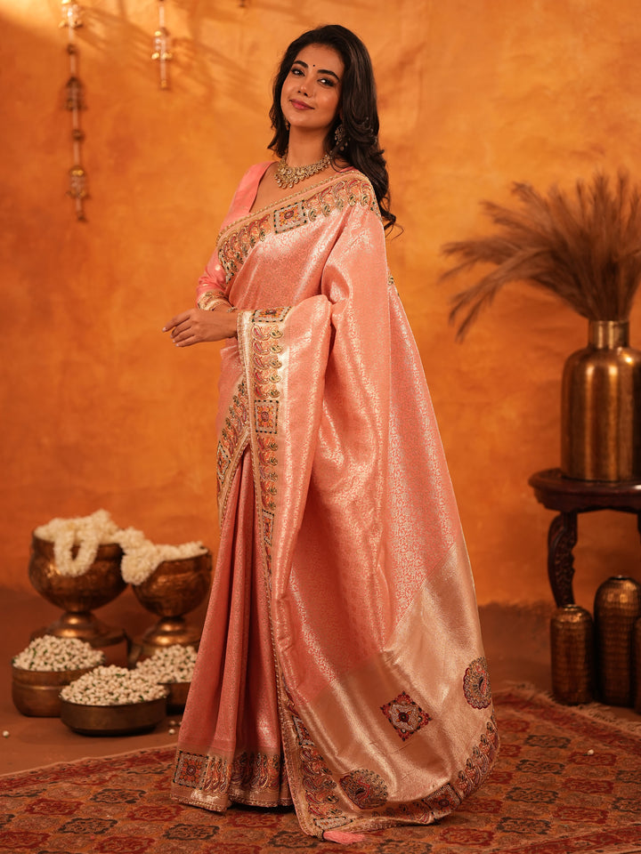 Peach Pink Banarasi Silk Saree with All-Over Zari Weaving & Rich Embroidered Border | Designer Festive & Wedding Wear Saree with Blouse