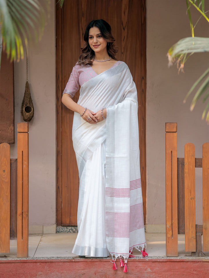 Pure White & Red Handloom Cotton Saree with Minimal Striped Border & Tassel Detailing