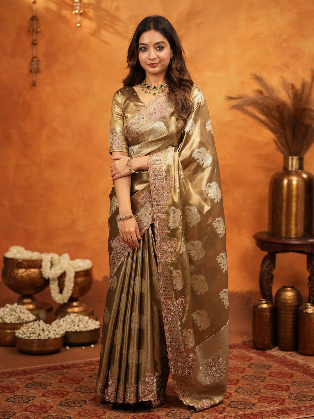 Antique Gold Tissue Silk Embroidered Saree with Rich Zari Motifs & Designer Border | Heavy Embroidered Blouse with Tassels | Wedding Festive Wear Saree