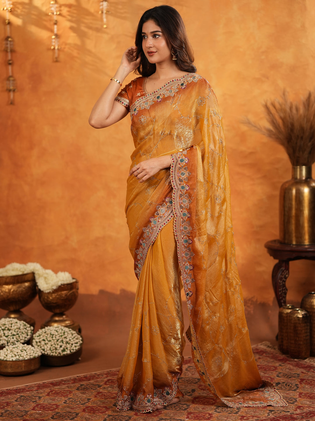 Mustard Gold Fendy Satin Embroidered Saree with Multicolor Floral Border & Tassels | Designer Festive Party Wear Saree with Heavy Embroidered Blouse