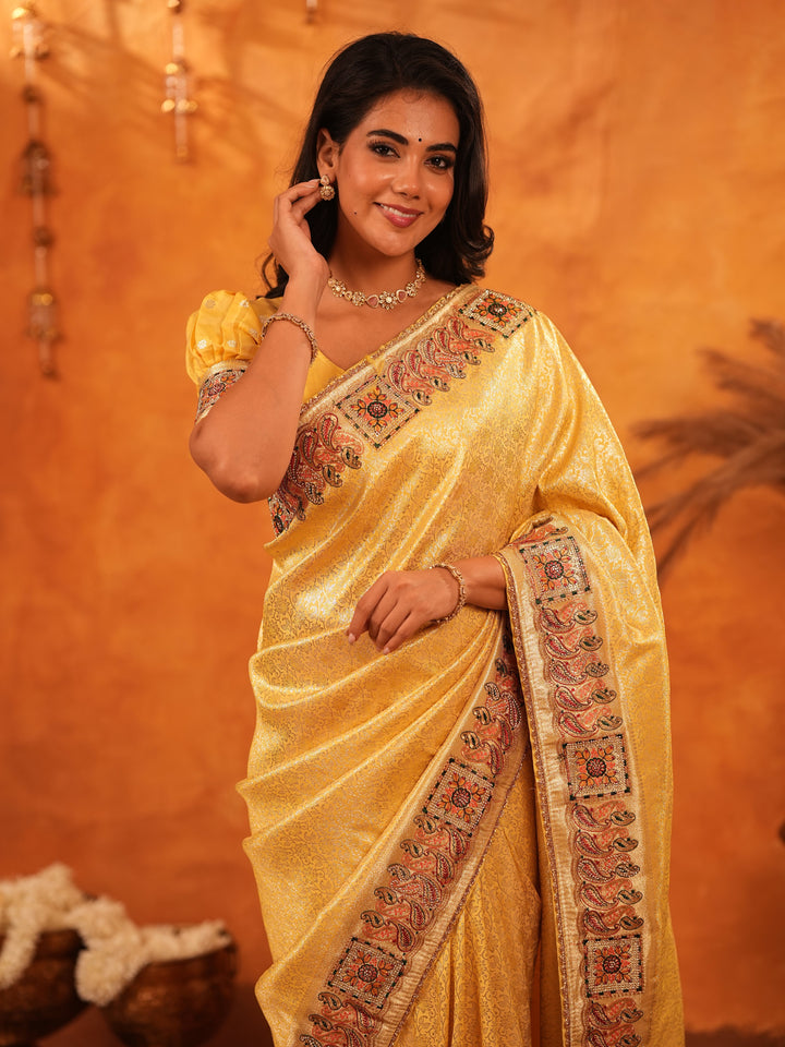 Sunshine Yellow Banarasi Silk Saree with Rich Zari Weaving & Heavy Embroidered Border | Designer Festive & Wedding Wear Saree with Blouse
