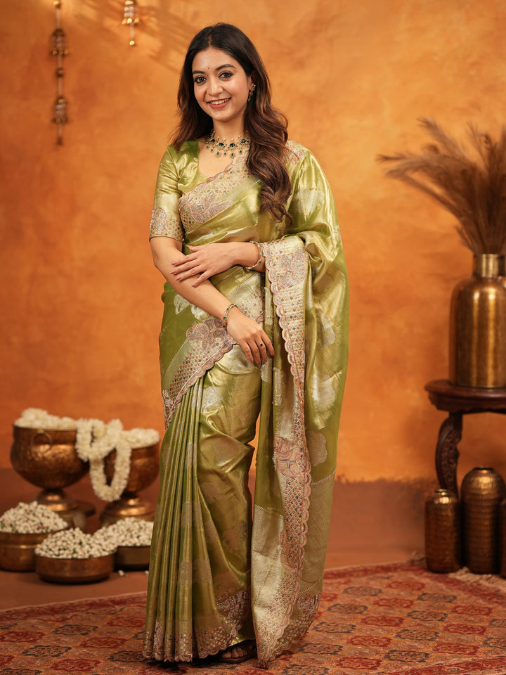 Mehendi Green Tissue Silk Embroidered Saree with Zari Motifs & Designer Border | Heavy Embroidered Blouse with Tassels | Wedding & Festive Wear Saree