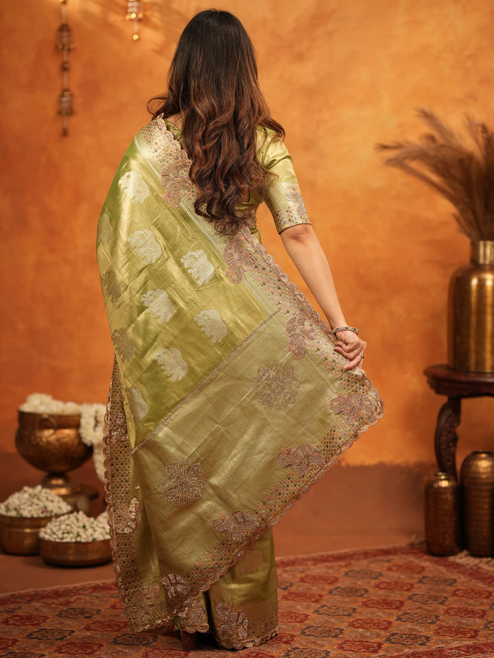 Mehendi Green Tissue Silk Embroidered Saree with Zari Motifs & Designer Border | Heavy Embroidered Blouse with Tassels | Wedding & Festive Wear Saree