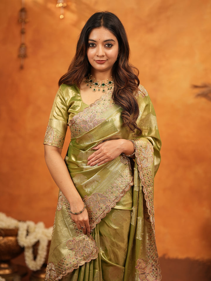 Mehendi Green Tissue Silk Embroidered Saree with Zari Motifs & Designer Border | Heavy Embroidered Blouse with Tassels | Wedding & Festive Wear Saree