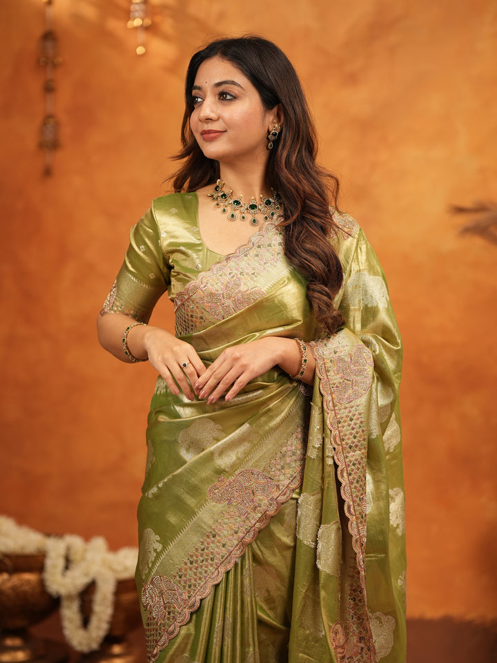 Mehendi Green Tissue Silk Embroidered Saree with Zari Motifs & Designer Border | Heavy Embroidered Blouse with Tassels | Wedding & Festive Wear Saree
