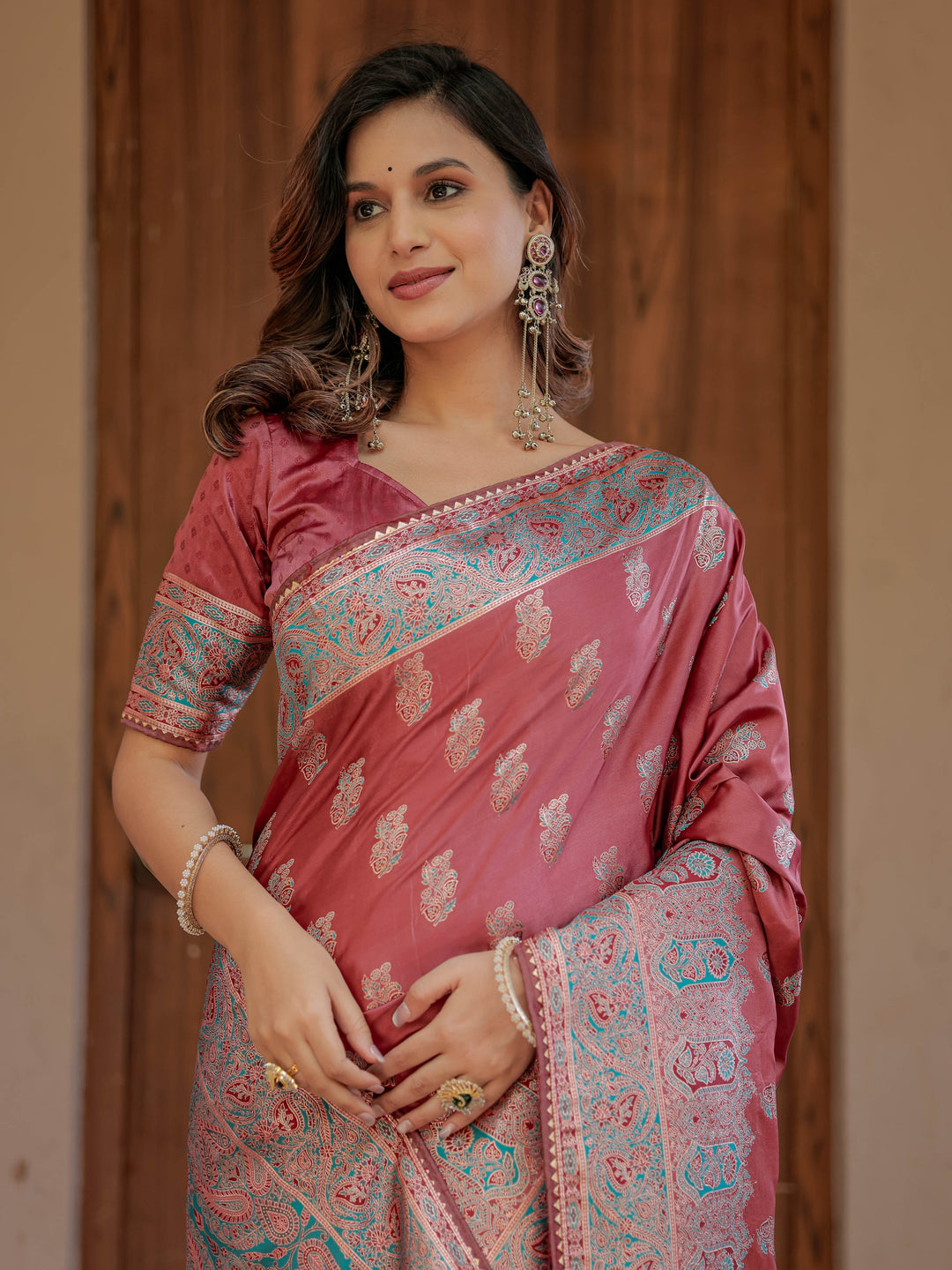 Dusty Rose Pink Banarasi Silk Saree with Intricate Paisley Zari Weaving & Tassel Detailing