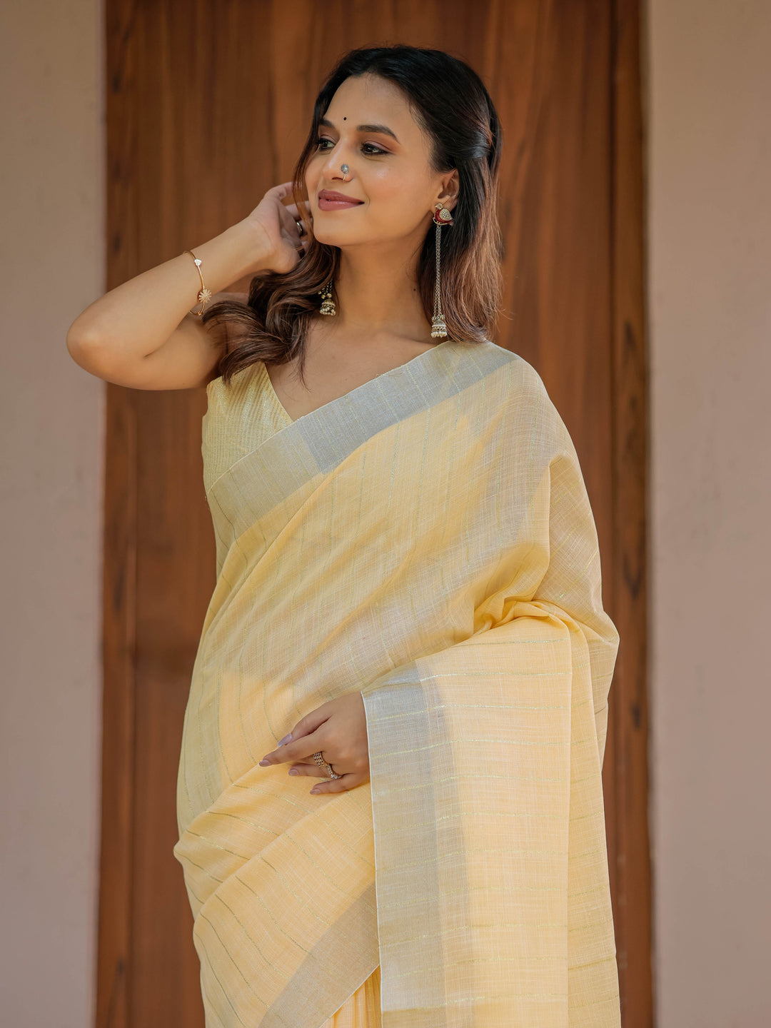 Butter Yellow Pure Handloom Cotton Saree with Golden Striped Weaving & Tassel Detailing