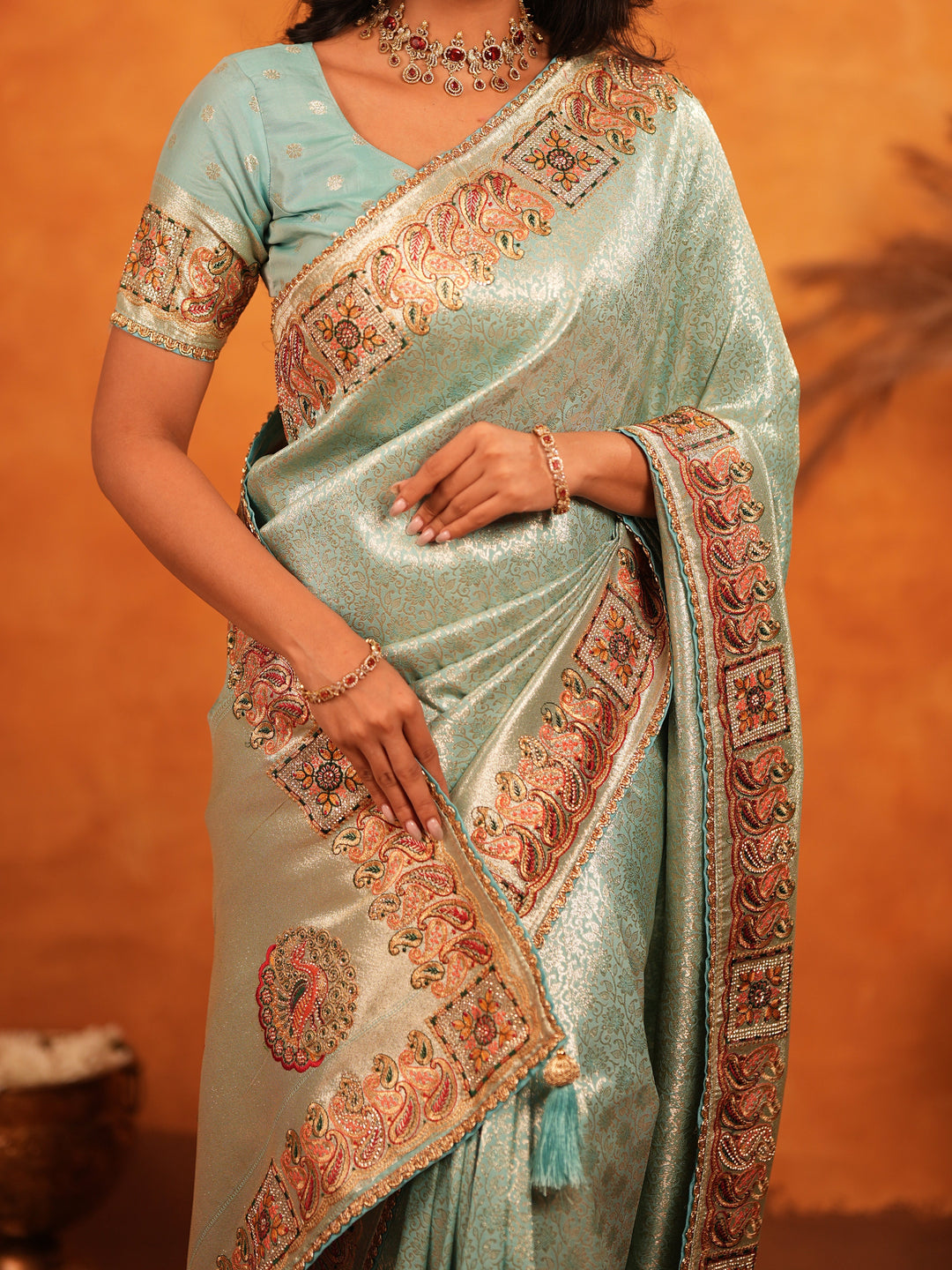 Mint Green Banarasi Silk Saree with Intricate Zari Weaving & Heavy Ornamental Embroidered Border | Elegant Festive & Wedding Wear Saree with Blouse
