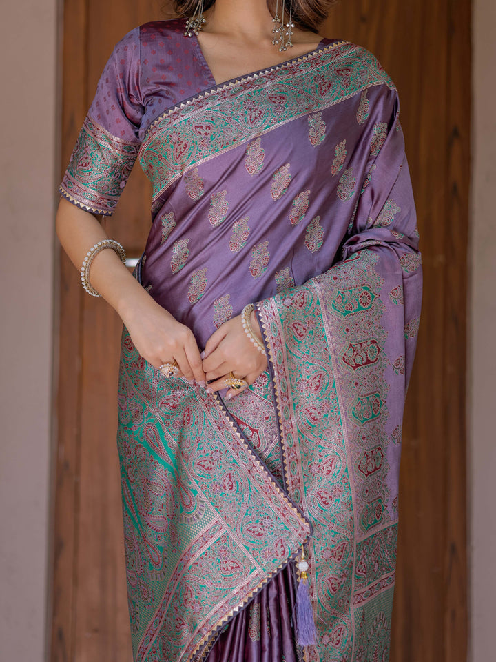 Royal Lavender Purple Banarasi Silk Saree with Intricate Paisley Zari Weaving & Tassel Detailing