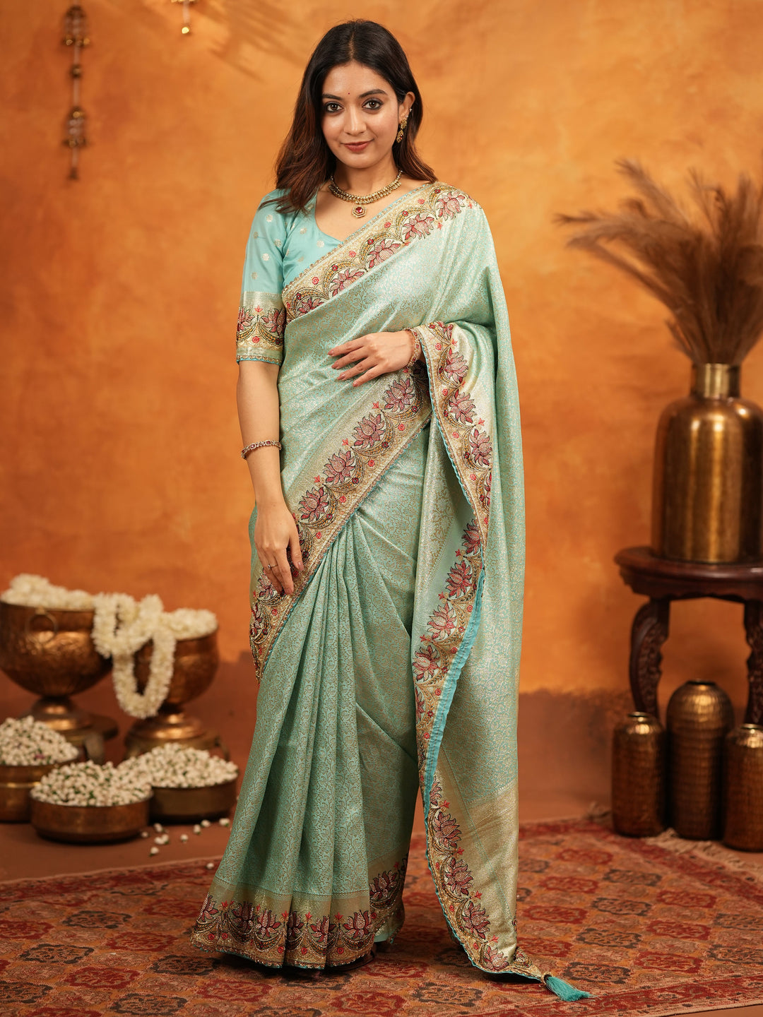Aqua Green Banarasi Silk Embroidered Saree with Floral Border & Zari Weaving | Heavy Embroidered Blouse with Tassels | Wedding & Festive Wear Saree