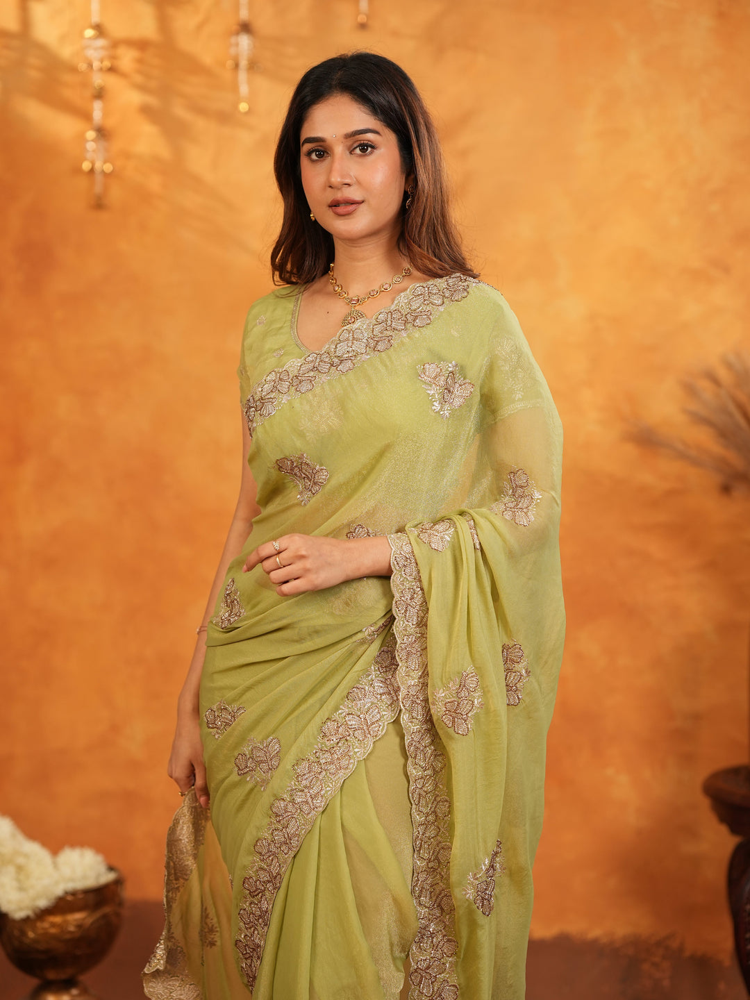Pista Green Fendy Satin Embroidered Saree with Floral Border & Tassels | Elegant Pastel Designer Saree with Heavy Embroidered Blouse