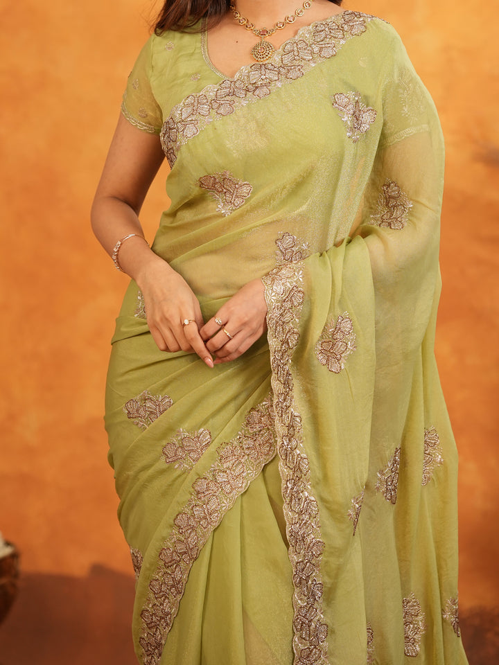 Pista Green Fendy Satin Embroidered Saree with Floral Border & Tassels | Elegant Pastel Designer Saree with Heavy Embroidered Blouse