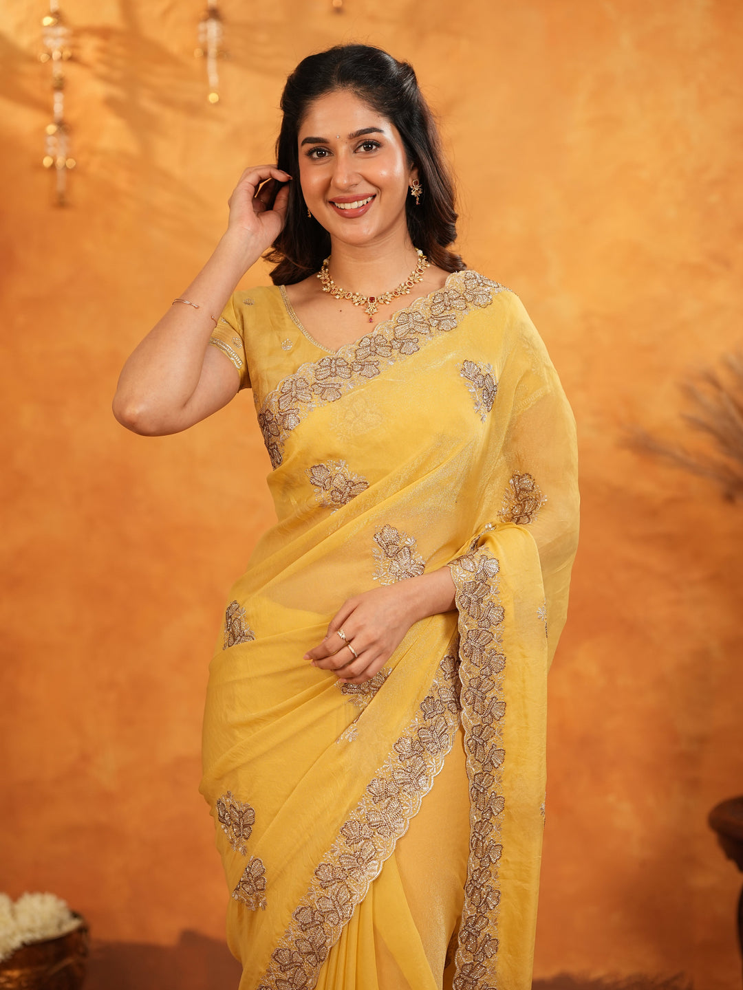Sunshine Yellow Fendy Satin Embroidered Saree with Floral Border & Tassels | Elegant Festive Designer Saree with Heavy Embroidered Blouse