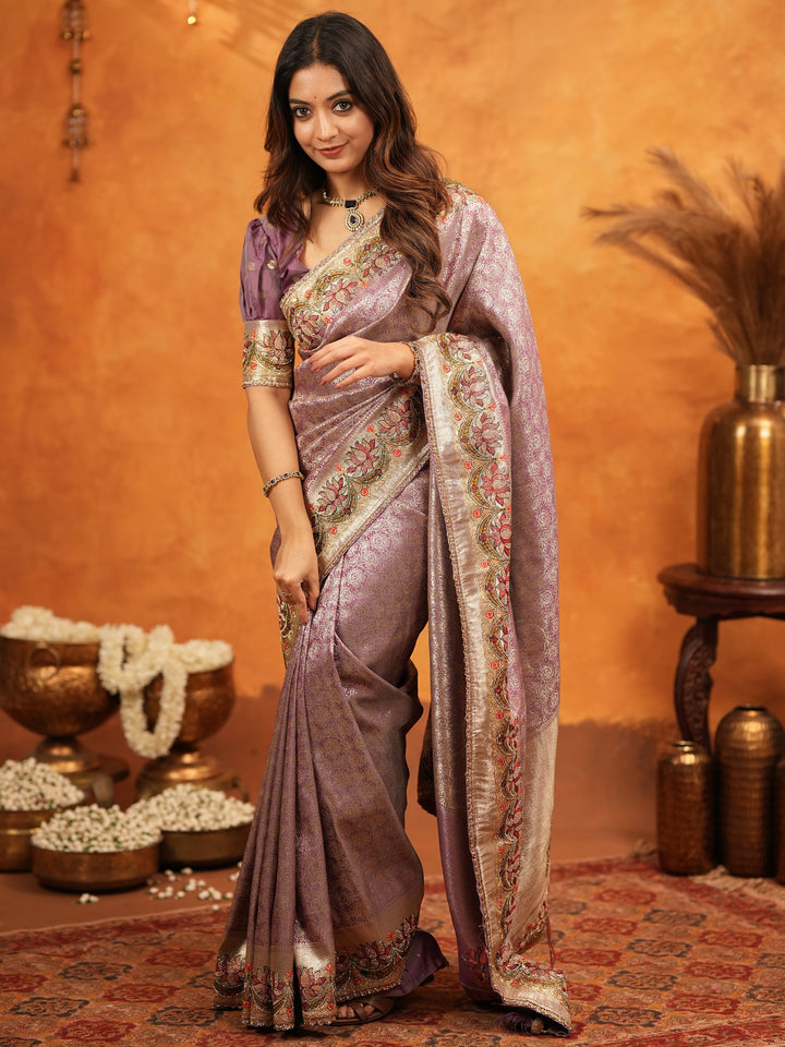 Lavender Purple Banarasi Silk Embroidered Saree with Floral Border & Zari Weaving | Heavy Embroidered Blouse with Tassels | Wedding & Festive Wear Saree