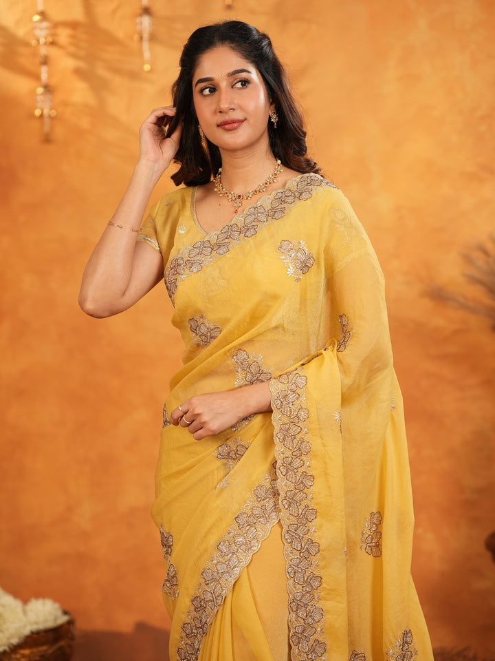 Sunshine Yellow Fendy Satin Embroidered Saree with Floral Border & Tassels | Elegant Festive Designer Saree with Heavy Embroidered Blouse