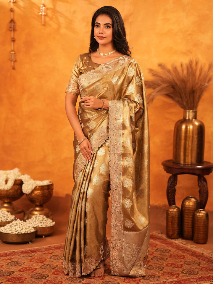 Antique Gold Banarasi Silk Saree with Floral Zari Butti & Scalloped Embroidered Border | Elegant Wedding & Festive Wear Designer Saree