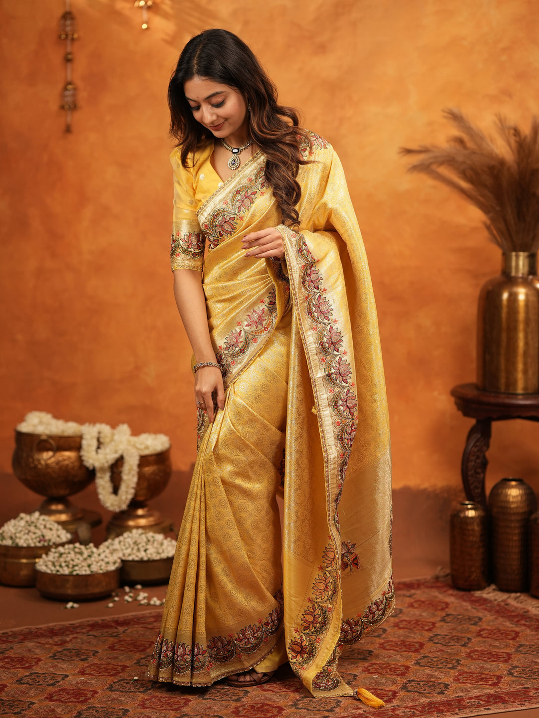 Mustard Yellow Banarasi Silk Embroidered Saree with Floral Border & Zari Weaving | Heavy Embroidered Blouse with Tassels | Wedding & Festive Wear Saree