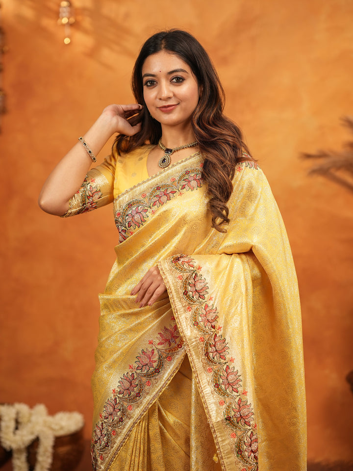 Mustard Yellow Banarasi Silk Embroidered Saree with Floral Border & Zari Weaving | Heavy Embroidered Blouse with Tassels | Wedding & Festive Wear Saree