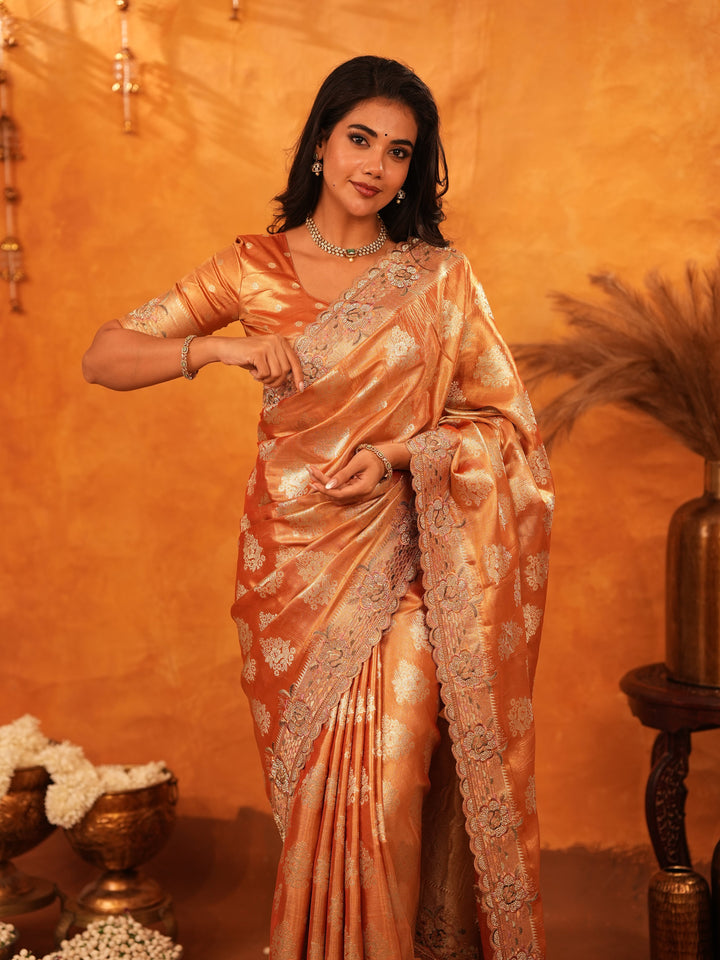 Rust Orange Banarasi Silk Saree with Floral Zari Butti & Scalloped Embroidered Border | Designer Wedding & Festive Wear Saree with Blouse