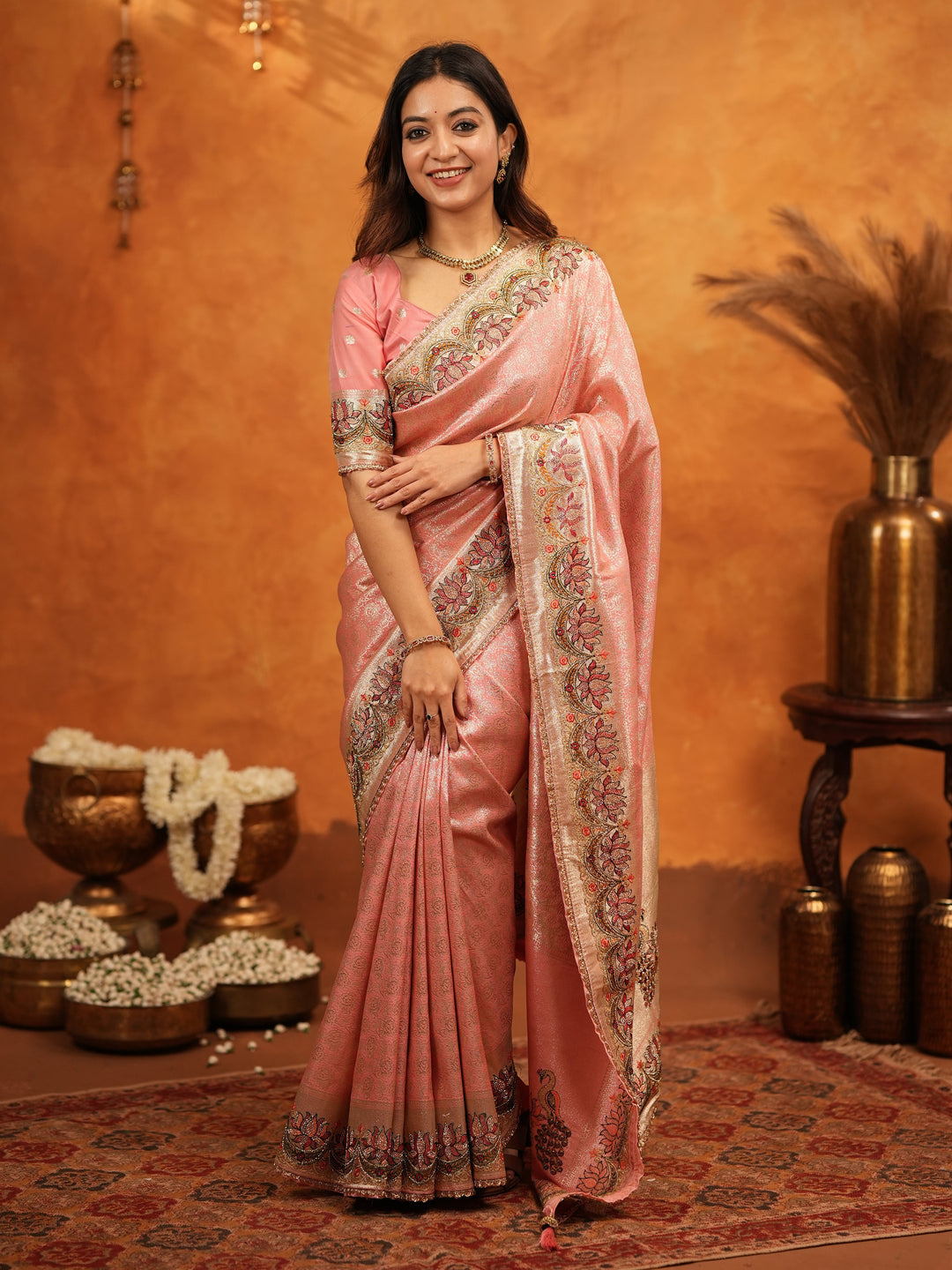 Peach Pink Banarasi Silk Embroidered Saree with Floral Border & Zari Weaving | Heavy Embroidered Blouse with Tassels | Wedding & Festive Wear Saree