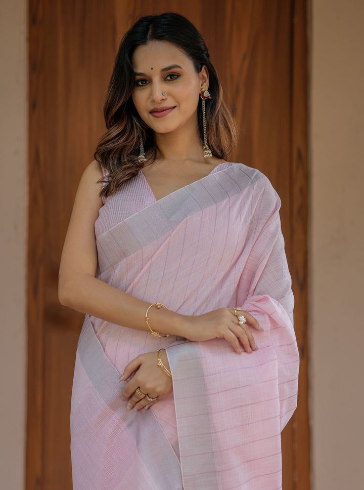 Soft Peach Pink Handloom Cotton Saree with Subtle Striped Weaving & Tassel Detailing